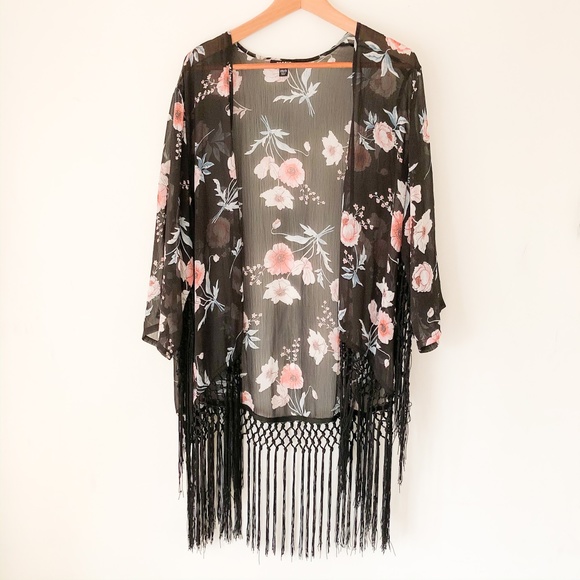 torrid Tops - TORRID Black Fringe Floral Kimono